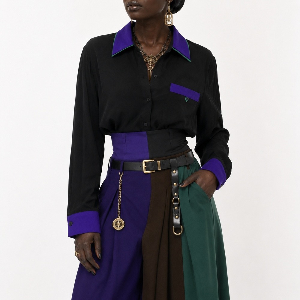 80s Colorblock Button Up Womens L Black Purple Teal Shoulder Pad Top Marnie Vtg
